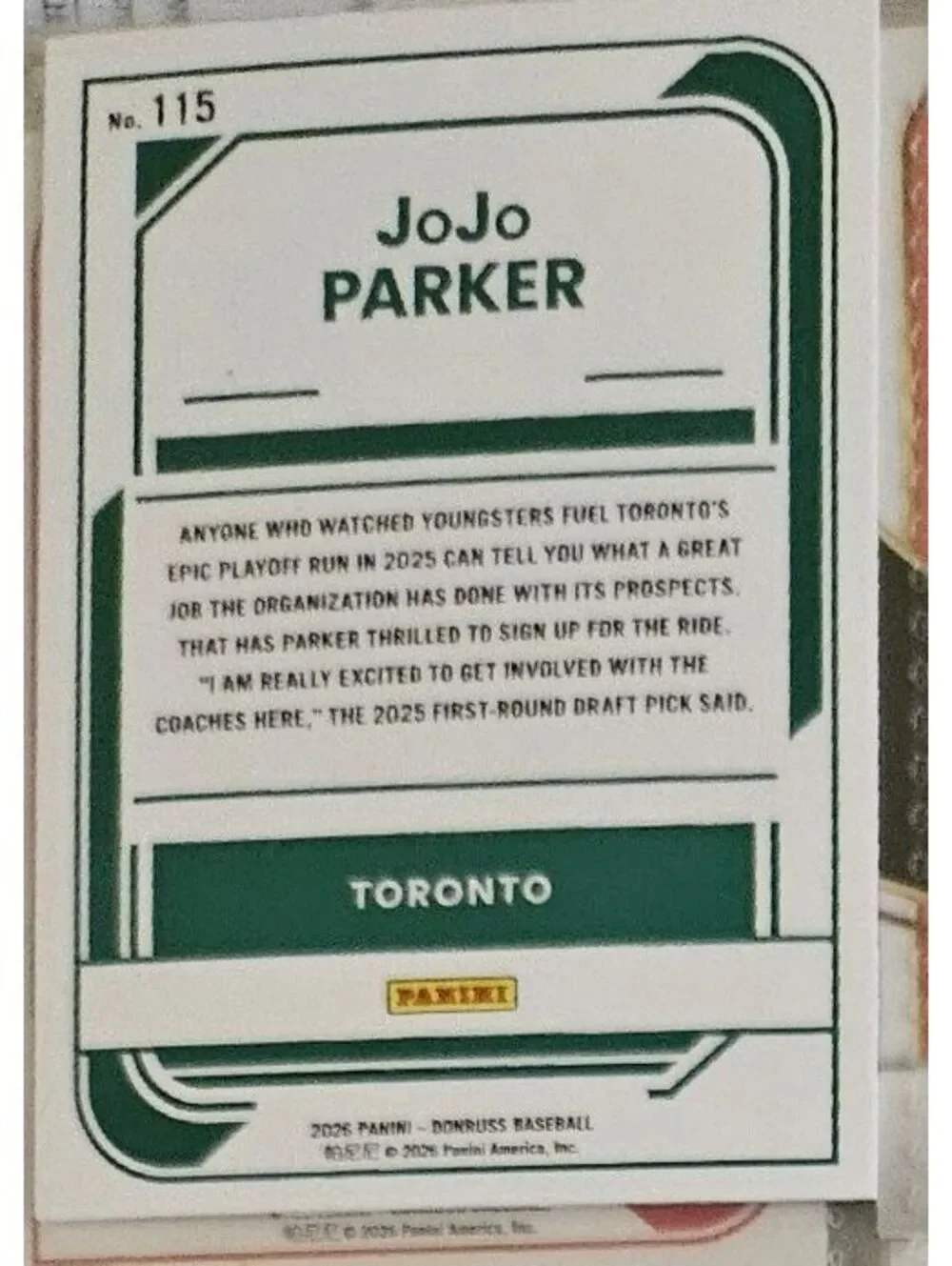 Jojo Parker (Rated Prospect) #115 - 2026 Panini Donruss - Toronto Blue Jays